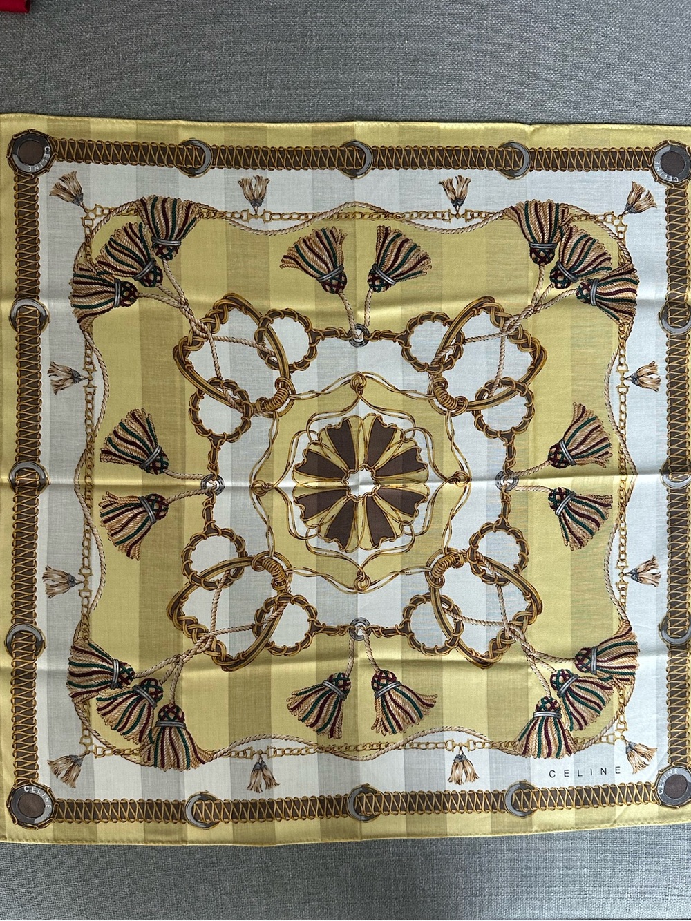 Celine Yellow and Cream Decorative Silk Scarf with Tassel Motif